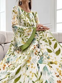 Al Najma Women's Elegant Long Arabian Print Modest Dress With Flare Sleeves, Plant Pattern - Multicolor - View 8