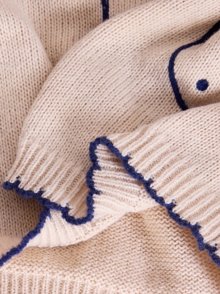 ROMWE Autumn/Winter Women's Short Fish Line Embroidered Crew Neck Flared Sleeve Contrast Trim Sweater - Apricot - View 9