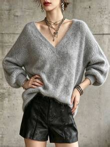 LUMIGAL Women's Comfortable Minimalist Ribbed Long Sleeve Sweater Fashion - Grey - View 3