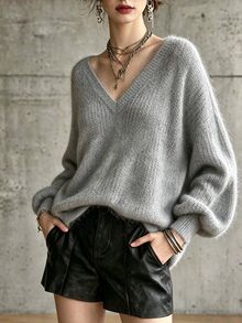 LUMIGAL Women's Comfortable Minimalist Ribbed Long Sleeve Sweater Fashion - Grey - View 4