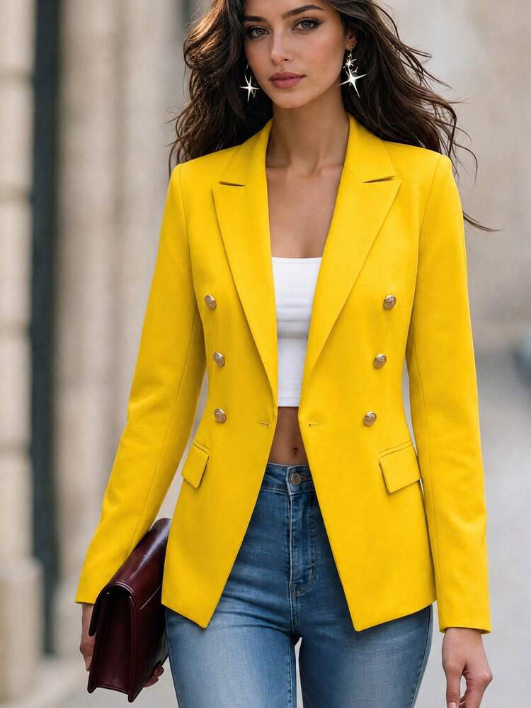 SHEIN Blazer casual de doble botonadura liso para ir al trabajo - Amarillo - Añade 1