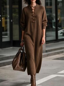 Omancia Elegant Ruyi Button Long Sleeve Design Women's Sweater Dress - Brown - View 4