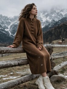 Omancia Elegant Ruyi Button Long Sleeve Design Women's Sweater Dress - Brown - View 1