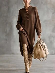 Omancia Elegant Ruyi Button Long Sleeve Design Women's Sweater Dress - Brown - View 3