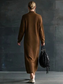 Omancia Elegant Ruyi Button Long Sleeve Design Women's Sweater Dress - Brown - View 2