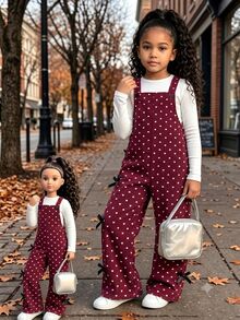 Elladie kids Girls Cute Heart Print Ribbed Jumpsuit, 2026 Autumn/Winter Fashion Wide Leg Overalls - Burgundy - View 1