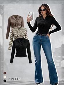 SHEIN LUNE Women's Fall Elegant Knit Solid Brown And White Brown Black Ruched Long Sleeve Slim Fit Top 3 Pieces Set, Slimming Base Layer For Office Brunch - Multicolor - View 5