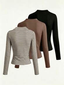 SHEIN LUNE Women's Fall Elegant Knit Solid Brown And White Brown Black Ruched Long Sleeve Slim Fit Top 3 Pieces Set, Slimming Base Layer For Office Brunch - Multicolor - View 2