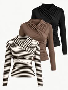 SHEIN LUNE Women's Fall Elegant Knit Solid Brown And White Brown Black Ruched Long Sleeve Slim Fit Top 3 Pieces Set, Slimming Base Layer For Office Brunch - Multicolor - View 1