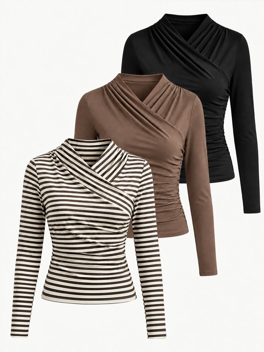 SHEIN LUNE Women's Fall Elegant Knit Solid Brown And White Brown Black Ruched Long Sleeve Slim Fit Top 3 Pieces Set, Slimming Base Layer For Office Brunch - Multicolor - View 1