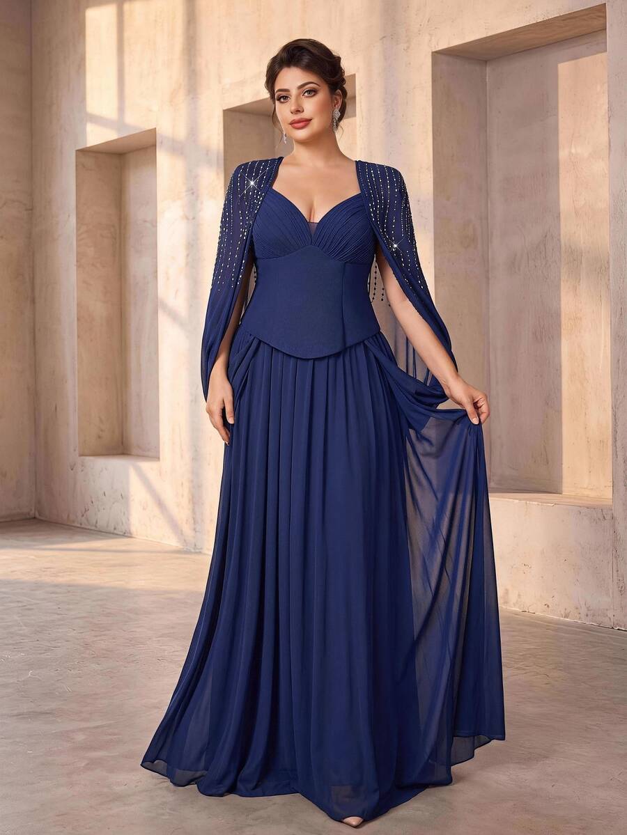 Serin Plus Size Elegant Luxurious Navy Blue Hand-Beaded Rhinestone Decorated Pleated Cape Sleeve A-Line Long Dress, Suitable For Vacation, Wedding Events, Formal Evening Dinner, Mother Of The Bride Gown