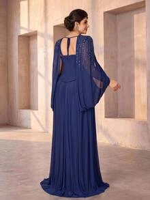 Serin Plus Size Elegant Luxurious Navy Blue Hand-Beaded Rhinestone Decorated Pleated Cape Sleeve A-Line Long Dress, Suitable For Vacation, Wedding Events, Formal Evening Dinner, Mother Of The Bride Gown - Navy Blue - View 3