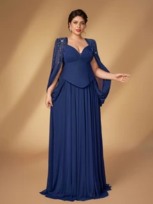 Serin Plus Size Elegant Luxurious Navy Blue Hand-Beaded Rhinestone Decorated Pleated Cape Sleeve A-Line Long Dress, Suitable For Vacation, Wedding Events, Formal Evening Dinner, Mother Of The Bride Gown - Navy Blue - View 9
