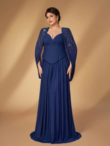 Serin Plus Size Elegant Luxurious Navy Blue Hand-Beaded Rhinestone Decorated Pleated Cape Sleeve A-Line Long Dress, Suitable For Vacation, Wedding Events, Formal Evening Dinner, Mother Of The Bride Gown - Navy Blue - View 7