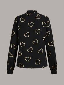 SHEIN Women's Fashionable Casual Heart Print Long Sleeve Shirt - Black - View 2