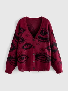 ROMWE Dark Gothic Plus Size Knit Cardigan Horror Eye Jacquard Distressed Design V-Neck Long Sleeve Sweater Jacket Women Fall Winter - Burgundy - View 1