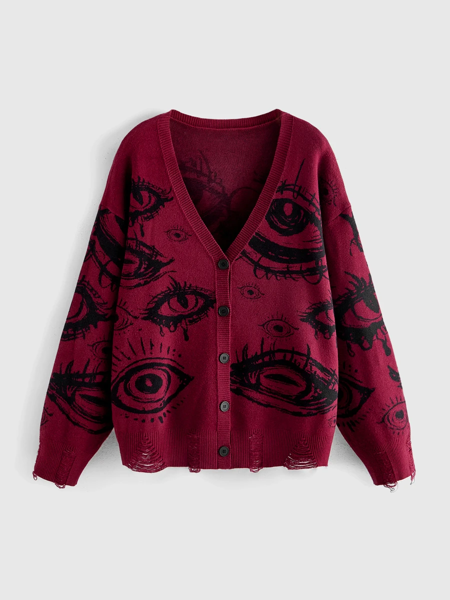 ROMWE Dark Gothic Plus Size Knit Cardigan Horror Eye Jacquard Distressed Design V-Neck Long Sleeve Sweater Jacket Women Fall Winter - Burgundy - View 1