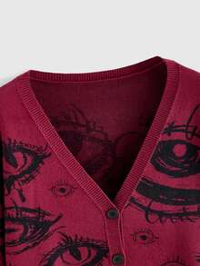 ROMWE Dark Gothic Plus Size Knit Cardigan Horror Eye Jacquard Distressed Design V-Neck Long Sleeve Sweater Jacket Women Fall Winter - Burgundy - View 4