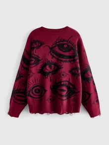ROMWE Dark Gothic Plus Size Knit Cardigan Horror Eye Jacquard Distressed Design V-Neck Long Sleeve Sweater Jacket Women Fall Winter - Burgundy - View 2