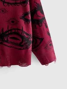 ROMWE Dark Gothic Plus Size Knit Cardigan Horror Eye Jacquard Distressed Design V-Neck Long Sleeve Sweater Jacket Women Fall Winter - Burgundy - View 3