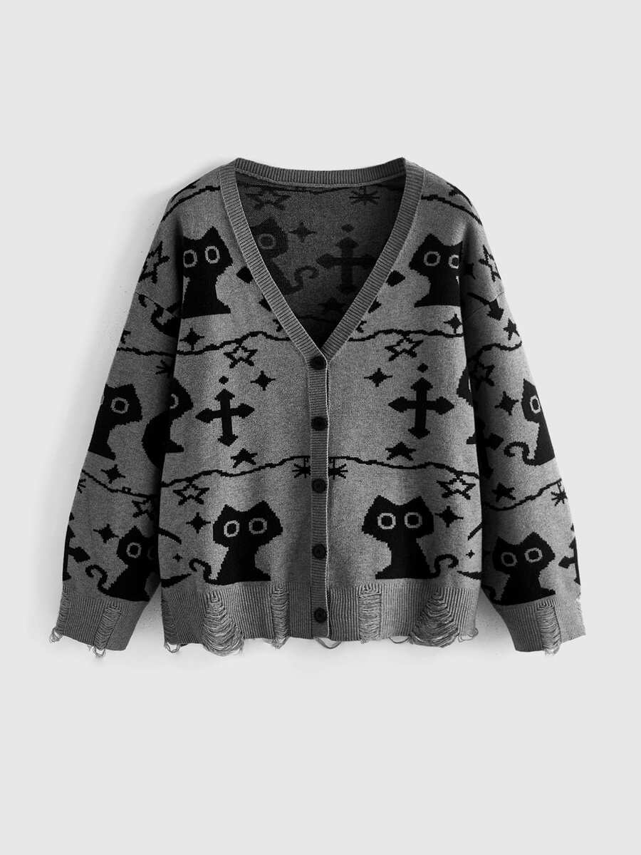 ROMWE Dark Gothic Style Plus Size Knit Cardigan, Skull Black Cat Cross Jacquard, Distressed Design, V-Neck Long Sleeve Sweater Cardigan, Women Fall Winter - Grey - View 1
