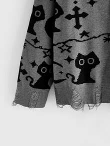 ROMWE Dark Gothic Style Plus Size Knit Cardigan, Skull Black Cat Cross Jacquard, Distressed Design, V-Neck Long Sleeve Sweater Cardigan, Women Fall Winter - Grey - View 4
