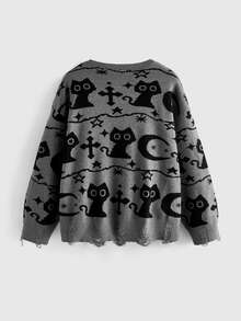 ROMWE Dark Gothic Style Plus Size Knit Cardigan, Skull Black Cat Cross Jacquard, Distressed Design, V-Neck Long Sleeve Sweater Cardigan, Women Fall Winter - Grey - View 2