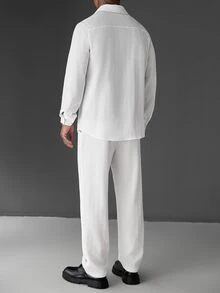 Manfinity Roughcore Men's White Long Sleeve Shirt Collar Shirt Long Pants Set, Autumn/Winter Vacation Casual - White - View 2