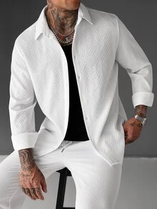 Manfinity Roughcore Men's White Long Sleeve Shirt Collar Shirt Long Pants Set, Autumn/Winter Vacation Casual - White - View 6