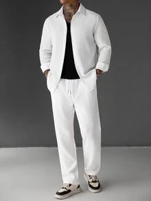 Manfinity Roughcore Men's White Long Sleeve Shirt Collar Shirt Long Pants Set, Autumn/Winter Vacation Casual - White - View 3