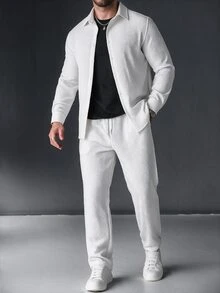 Manfinity Roughcore Men's White Long Sleeve Shirt Collar Shirt Long Pants Set, Autumn/Winter Vacation Casual - White - View 1