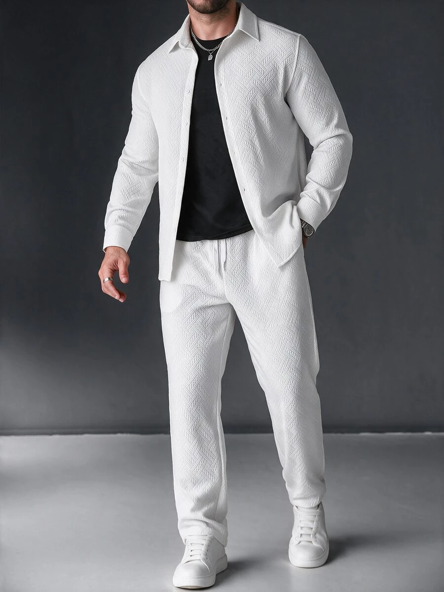 Manfinity Roughcore Men's White Long Sleeve Shirt Collar Shirt Long Pants Set, Autumn/Winter Vacation Casual - White - View 1