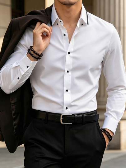 Calvornis Manfinity Mode Men's Slim Fit Smart Casual Shirt,White And Black Contrast Collar Long Sleeve Button Down,Autumn Office Dress Shirt,Teachers' Day
