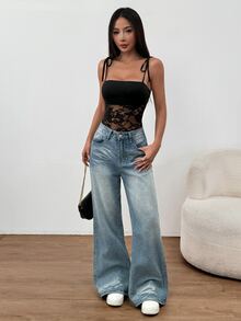 EgrlEra 女士撞色蕾丝性感贴身吊带背心 - 黑色 - 查看 4