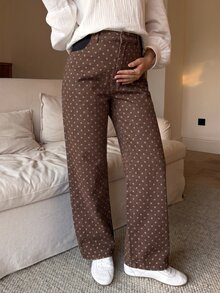 SHEIN 孕婦波點印花直筒寬鬆休閒牛仔褲 女款牛仔女孩風棕色長褲 - 棕色 - 查看 7
