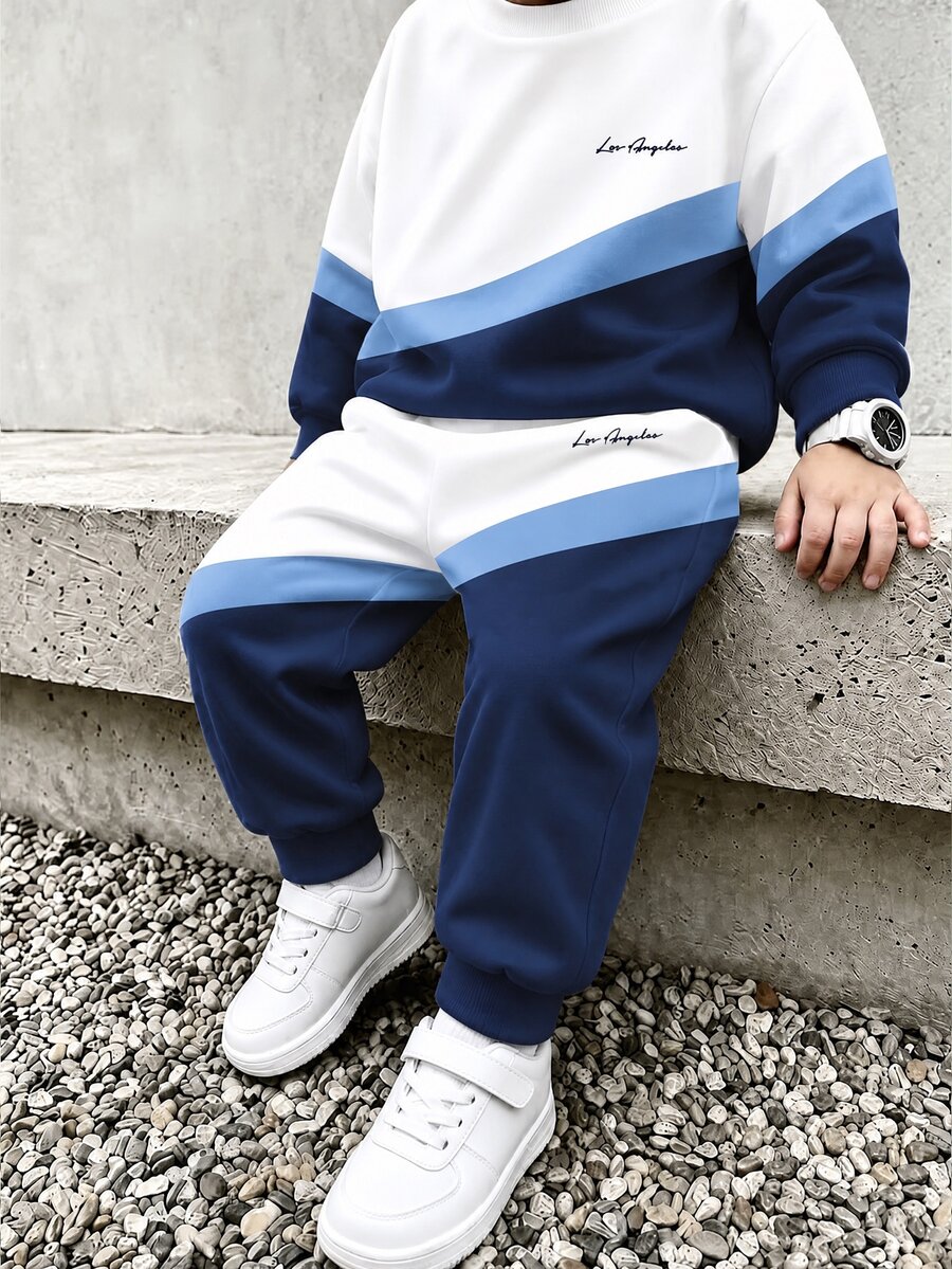2Pcs Boys Sweatshirt Set, Digital Print Long Sleeve Crew Neck Top & Sweatpants, White Brown Color Block, Autumn Winter Casual Outfit - Black - View 1