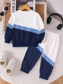 2Pcs Boys Sweatshirt Set, Digital Print Long Sleeve Crew Neck Top & Sweatpants, White Brown Color Block, Autumn Winter Casual Outfit - Black - View 3