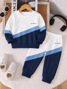 2Pcs Boys Sweatshirt Set, Digital Print Long Sleeve Crew Neck Top & Sweatpants, White Brown Color Block, Autumn Winter Casual Outfit - Black - View 2