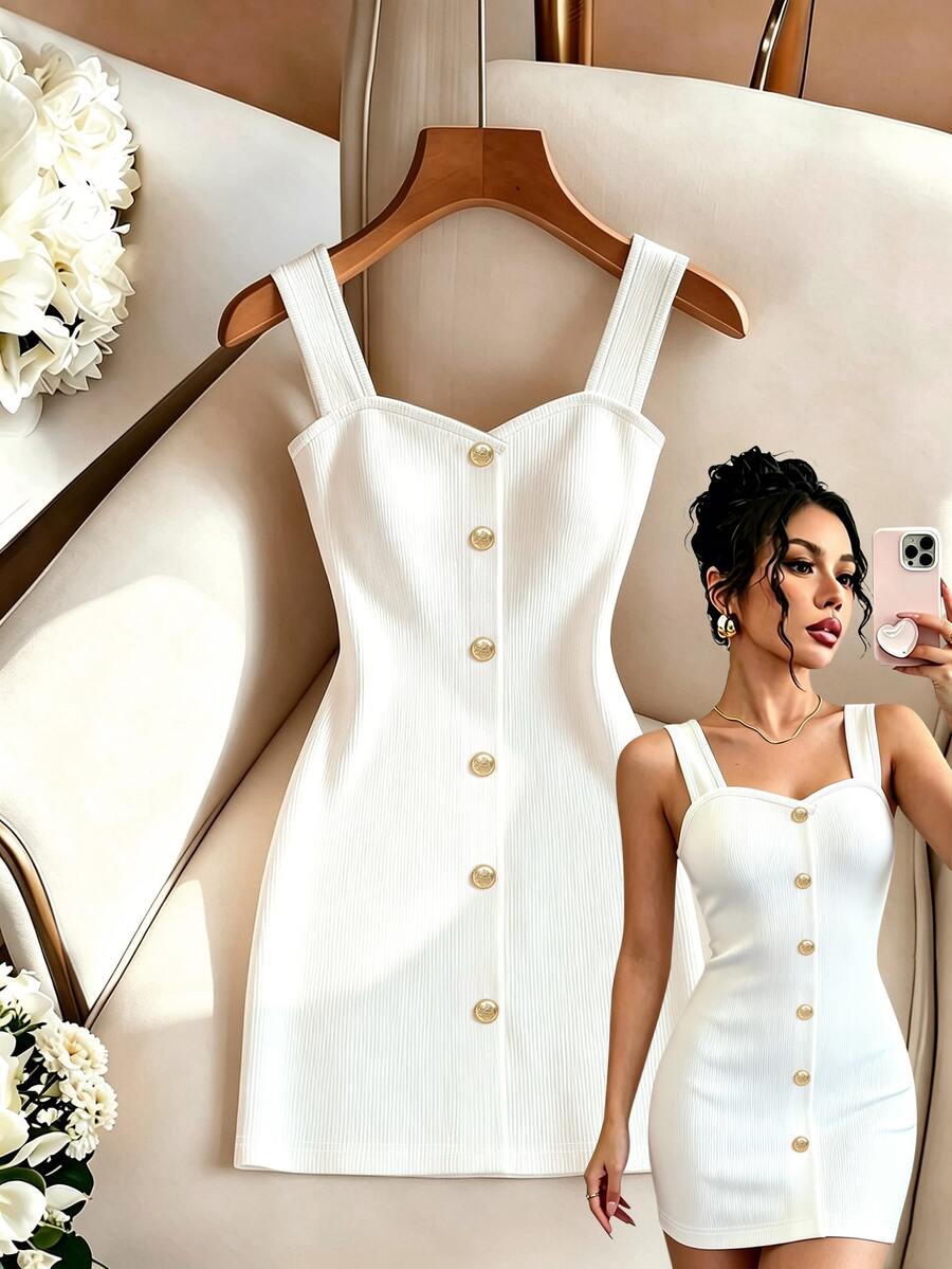 Rafferiza Fashionable Elegant Bandage Fitted Waist Button Decor Ribbed Knit Business Holiday Party Office Wedding White Dress For Women Summer - White - View 1