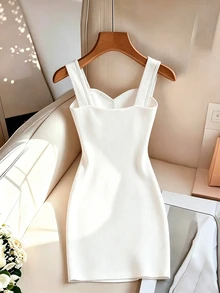 Rafferiza Fashionable Elegant Bandage Fitted Waist Button Decor Ribbed Knit Business Holiday Party Office Wedding White Dress For Women Summer - White - View 2