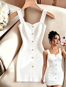 Rafferiza Fashionable Elegant Bandage Fitted Waist Button Decor Ribbed Knit Business Holiday Party Office Wedding White Dress For Women Summer - White - View 3