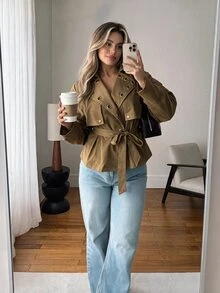 Vionelle Plus Size Solid Color Casual Commute Minimalist Short Jacket With Belt And Metal Eyelet Design Fall - Khaki - View 1