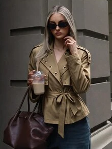 Vionelle Plus Size Solid Color Casual Commute Minimalist Short Jacket With Belt And Metal Eyelet Design Fall - Khaki - View 3