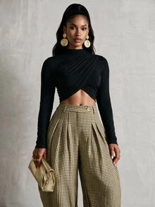 BamGlimmer Autumn/Winter Brown And Black Check Pleated Trousers, With A Retro And Casual Style. Perfect For Daily Outings And Date Wear. - Multicolor - View 4