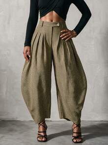 BamGlimmer Autumn/Winter Brown And Black Check Pleated Trousers, With A Retro And Casual Style. Perfect For Daily Outings And Date Wear. - Multicolor - View 6