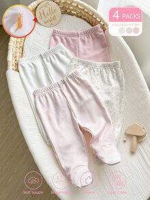 SHEIN 4件組新生女嬰休閒多色條紋碎花連腳長褲，抓絨內裡針織修身長褲，適合嬰兒秋冬日常穿著玩耍 - 彩色 - 查看 7