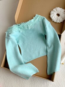 Comfortcana Women's Sweet Fresh Lace Patchwork Asymmetrical Shoulder Sweater - Teal Blue - View 8