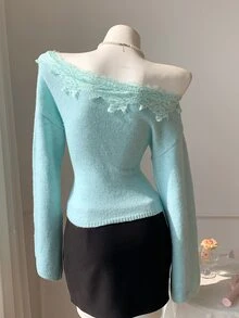 Comfortcana Women's Sweet Fresh Lace Patchwork Asymmetrical Shoulder Sweater - Teal Blue - View 7