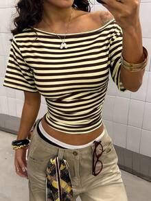 StreetHx Women's Fashionable Multi-Color Striped Asymmetrical Shoulder Casual T-Shirt - Multicolor - View 6