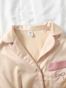 SHEIN Tween Girl Tween Girl Solid Color Satin Ruffle Sleeve Long Sleeve Pants With Pockets Embroidery 2 Pieces Set - Apricot - View 3